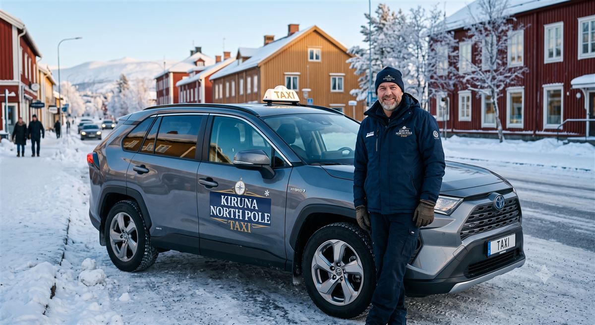 A Kiruna North Pole Taxi driver standing beside the branded taxi on a snowy Kiruna street